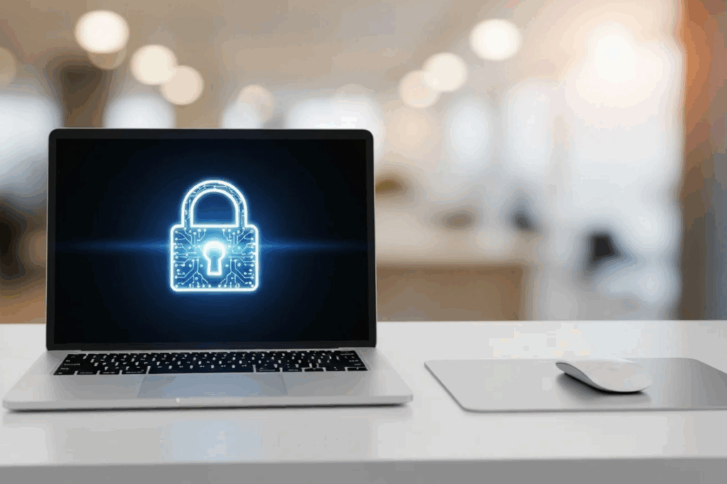 Portátil sobre mesa blanca con candado en pantalla, representando la prevención riesgos digitales y la seguridad en entornos online.